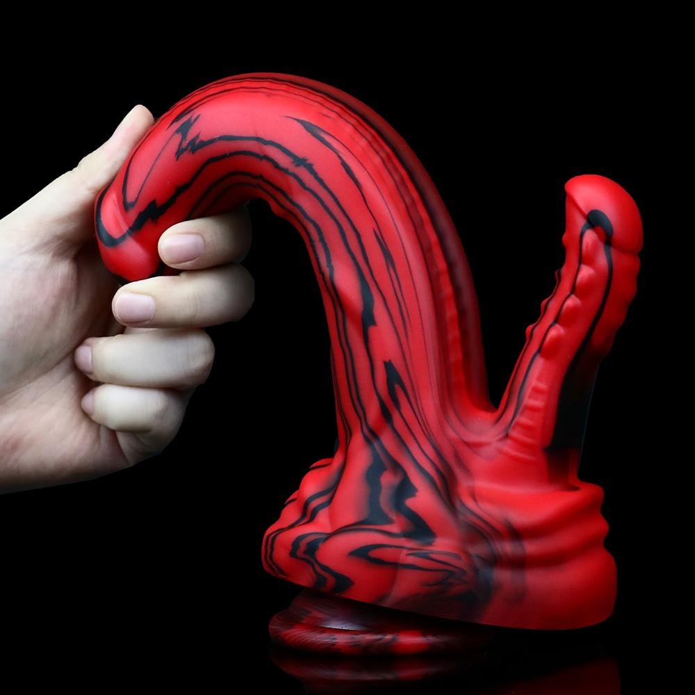 Rotschwarzer Silikon-Monsterdildos, Fantasie-Pferde-/Hundedildo mit Knoten, riesiger Schwanz, dicker Analpenis mit starkem Saugnapf
