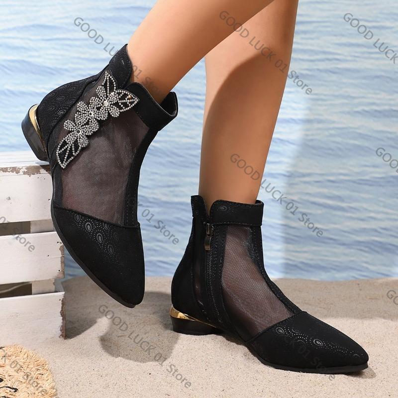 Móda 2025 Kotníkové boty na nízkém podpatku Podzimní Nové Špičaté Špičky Boční Zip Panelová Síťovina Prodyšné Kamínky Protiskluzové Jednoduché Boty