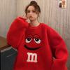 Women's Fleece Hoodie Winter Korean Loose Oversized Lazy BF Style Cartoon M Face Embroidery Thick Warm Lamb Fleece Round Neck Sweatshirt Coat