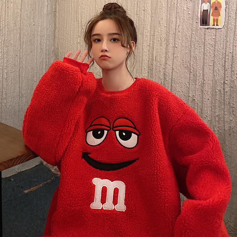Women's Fleece Hoodie Winter Korean Loose Oversized Lazy BF Style Cartoon M Face Embroidery Thick Warm Lamb Fleece Round Neck Sweatshirt Coat