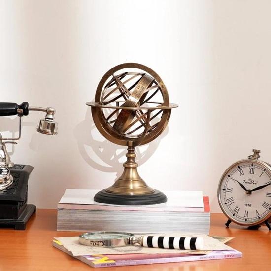 

Decorative Brass Armillary Sphere with Wooden Base Antique Astronomy Decor Desk Shelf Accent