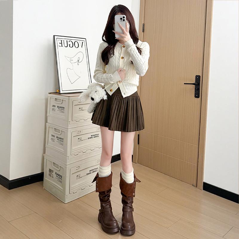 2026 New Petite Women's Grey Woolen A-line Pleated Short Skirt - Fluffy & Slimming Spring Style