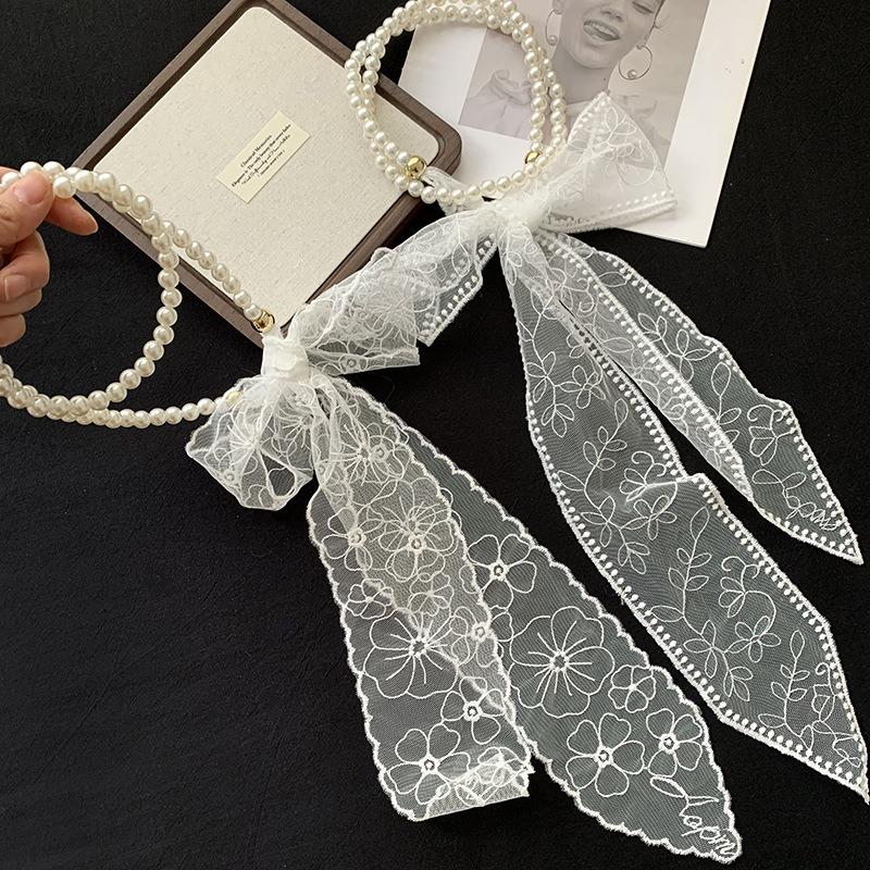 Pearl Necklace Spring and Summer Versatile Polka Dot Lace Silk Scarf High-end Bag Strap Multi-purpose Belt Headscarf