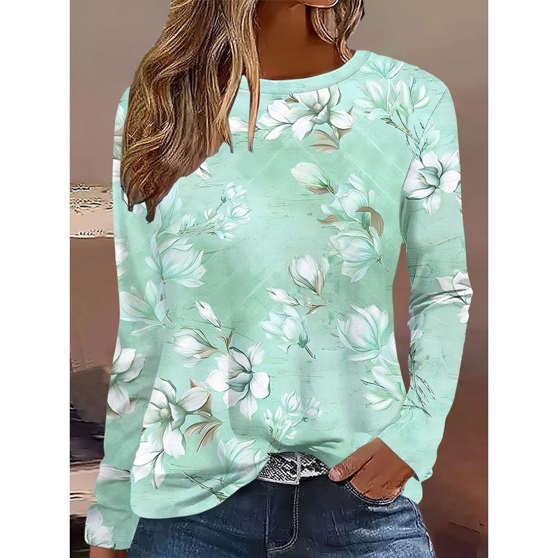 Round Neck 3D Flower Pattern Top Casual Long Sleeved Women's T-shirts - Soft Medium Stretch Polyester Fabric Spring and Autumn Relaxed Fit Clothing