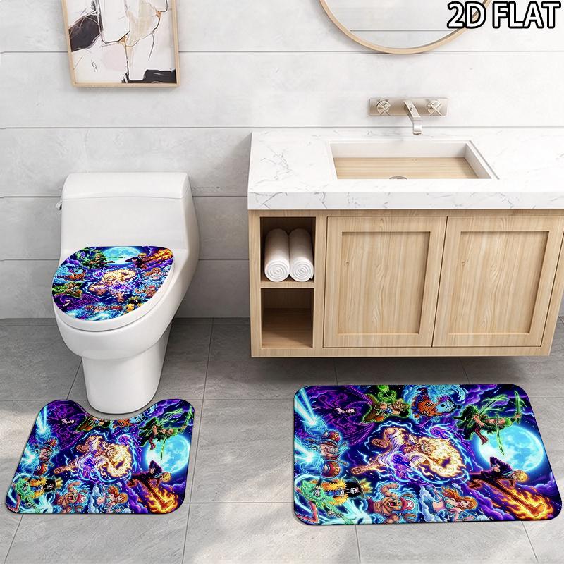 Luffy Anime Pattern 3Pcs Bathroom Rug Set, Non Slip Absorbent Bath Mat, Contour Mat & Toilet Lid Cover, Bathroom Decor