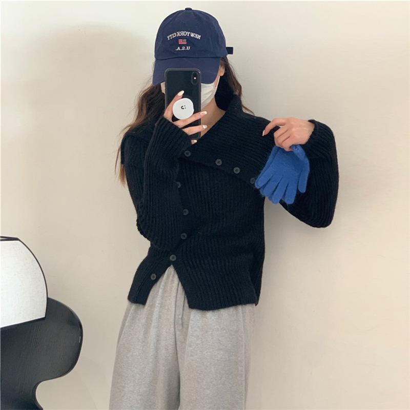 Autumn new irregular niche sweater women's coat slim-fitting lapel niche thin knitted cardigan women