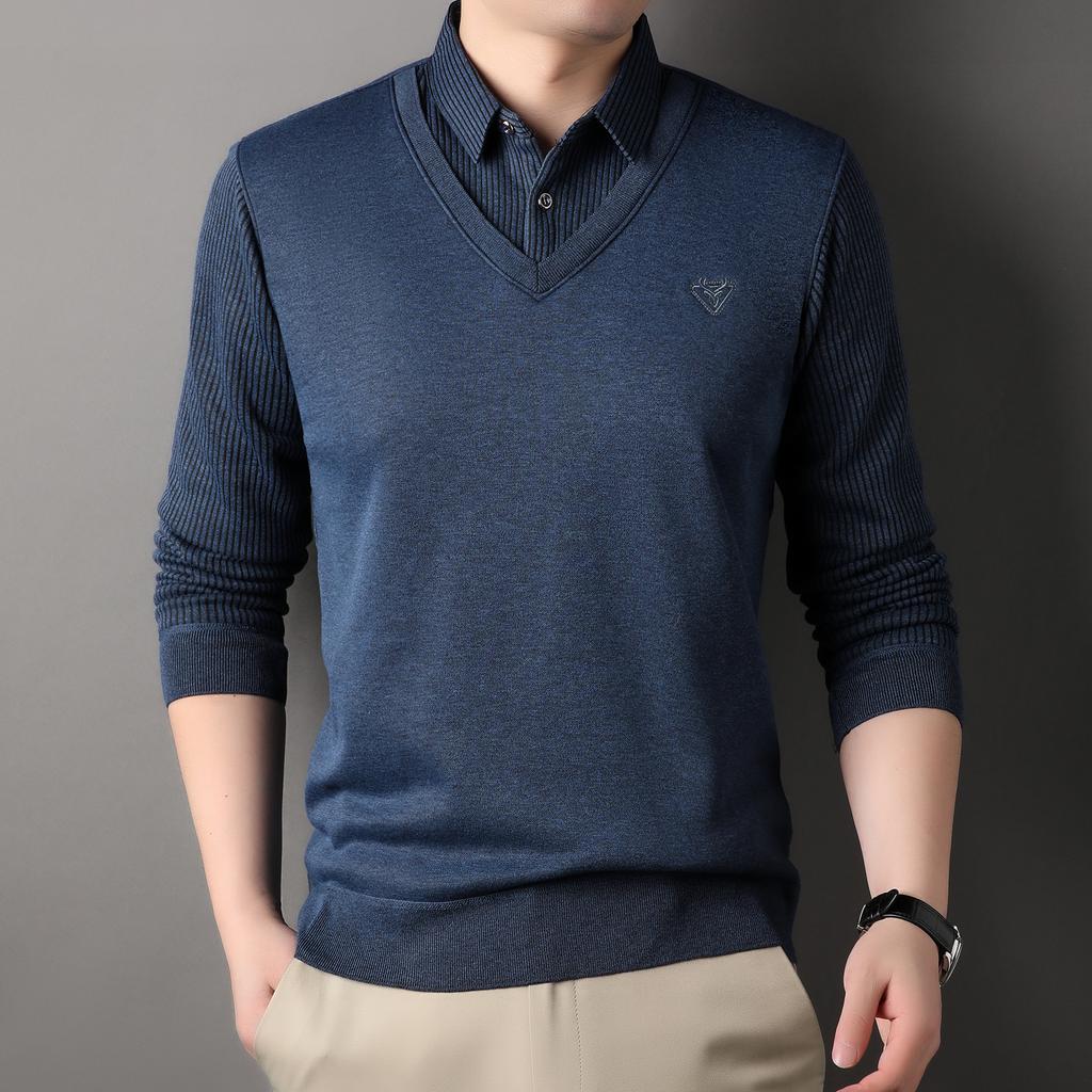 Male Autumn Knit Pullover Polo Shirts Shirt Collar Sweater Pullovers Men'S Business Casual Fashion Stripe Top Clothing