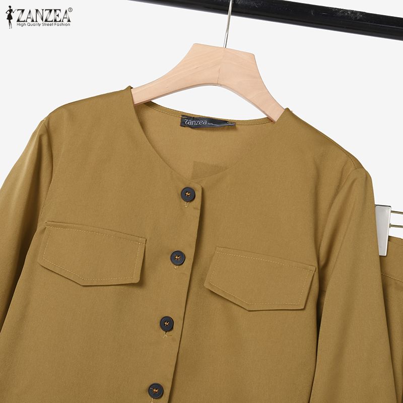 ZANZEA Blusa a Maniche Lunghe da Donna e Gonne Casual Set Completi Due Pezzi
