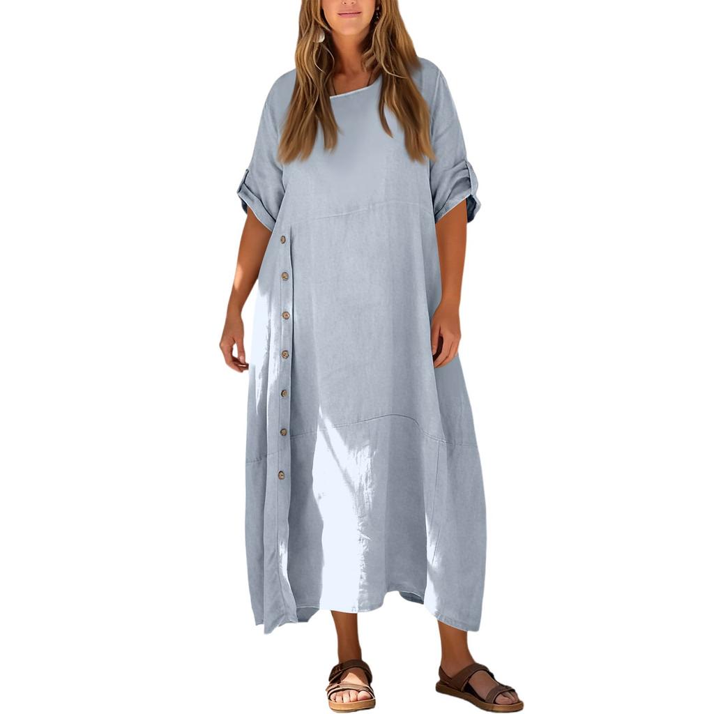 Women's Casual Loose Fit Short Sleeve Long Length Cotton Linen Split Dress
