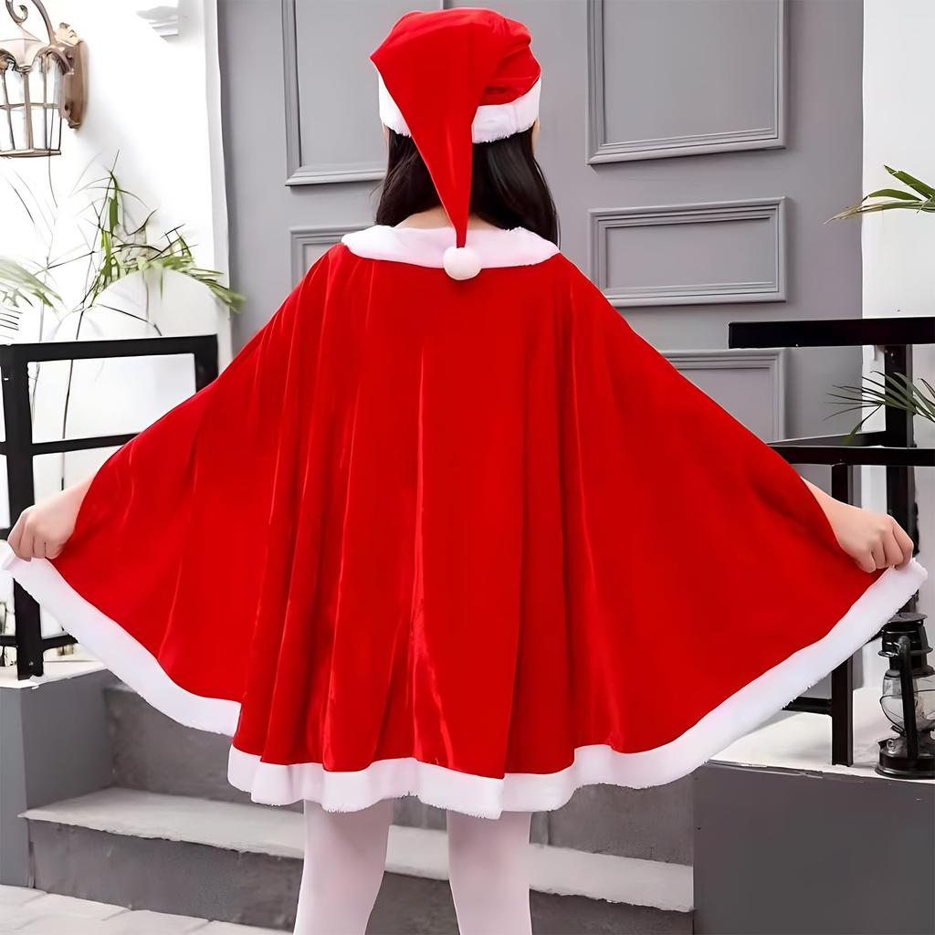Matreeglam Santa Cosplay Set for Includes Poncho Dress and Cute Christmas Fluffy and Perfect for School Stage and Girls, 3-Piece Set, Hat. Costume,