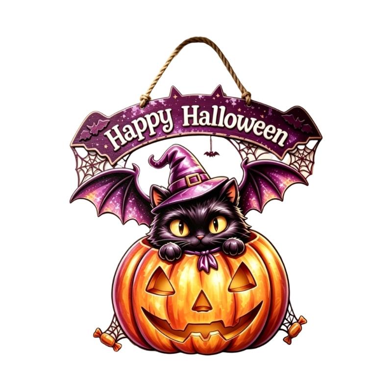 Seasonal Halloween Door Sign Wood Wall Plaque with Rope Cord, Greeting Accent for Entryway Porch Window and Party Display Styling Use