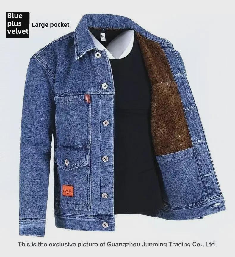 Men's Denim and Velvet Thickened Windproof Winter Coat, Warm and Wear-Resistant, Large Sizes Available