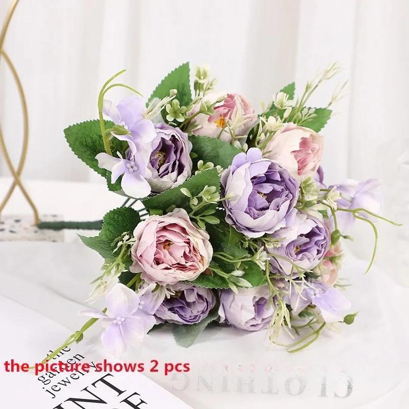 Green Aloes 2pcs Orange Horn Rose Peonies Bouquet Artificial Flowers Simulation Perfume Peony Silk Fake Flower Office Decoration