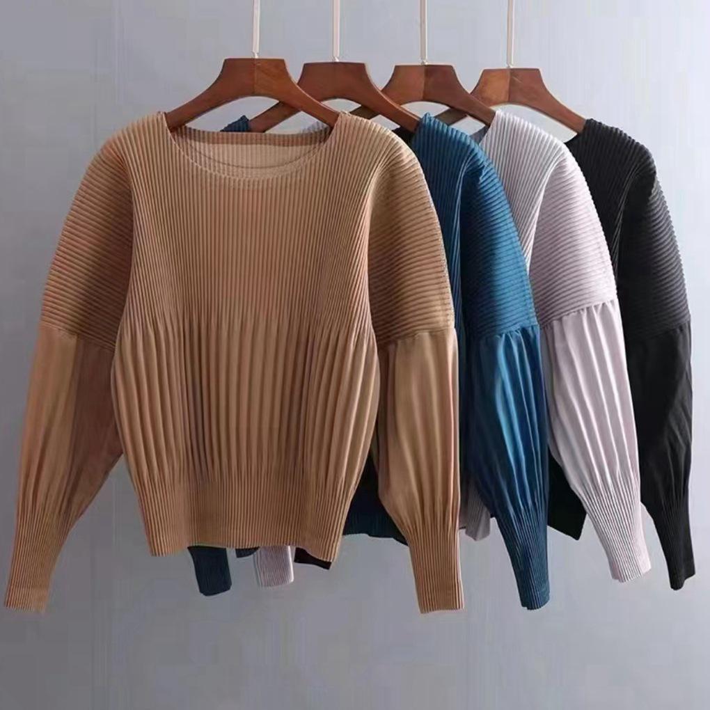 Miyake Pleated Niche Top for Women - 2026 Spring/Autumn, Plus Size, Loose Slimming T-shirt Deep Lake Blue