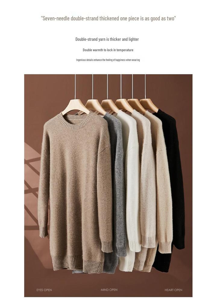 Women's Plus Size Loose Fit Cashmere Sweater - Warm Mid-Length, Round Neck, Drop Shoulder, Solid Color Knitwear for Autumn and Winter