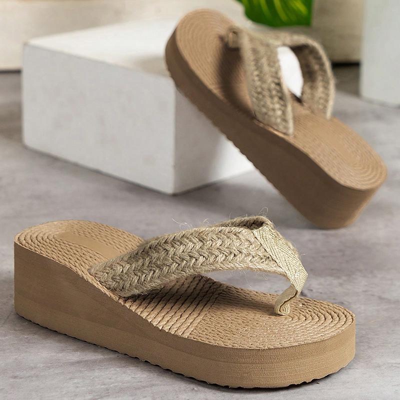 Fashion Straw Rope Weave Wedge Flip Flops Women Lightweight Thick Bottom Beach Slippers Woman 2025 Summer Clip Toe Platform Sandals