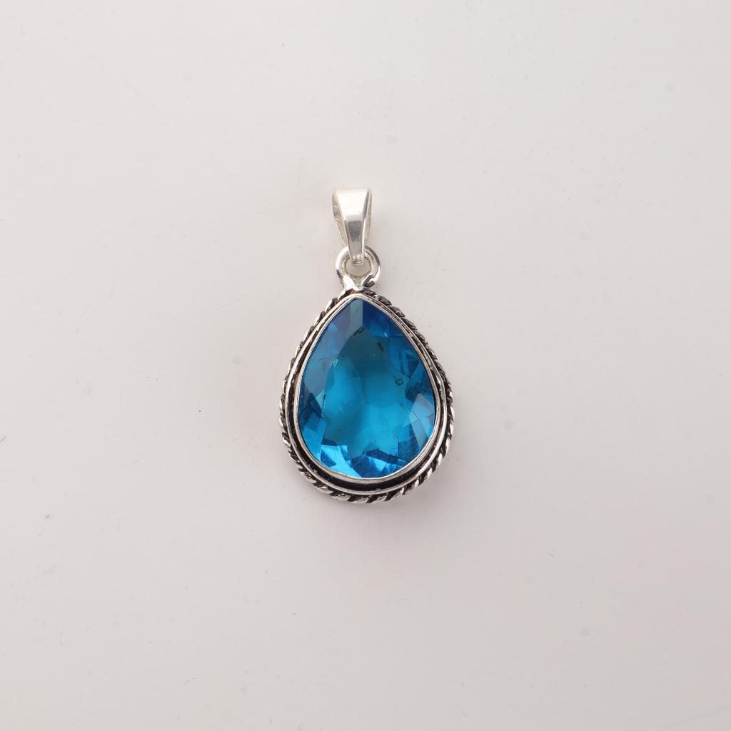 Swiss Blue Topaz Gemstone Dainty Silver Pendant 1.3"Necklace , 925 Sterling Silver Handmade Jewelry APP-3-2