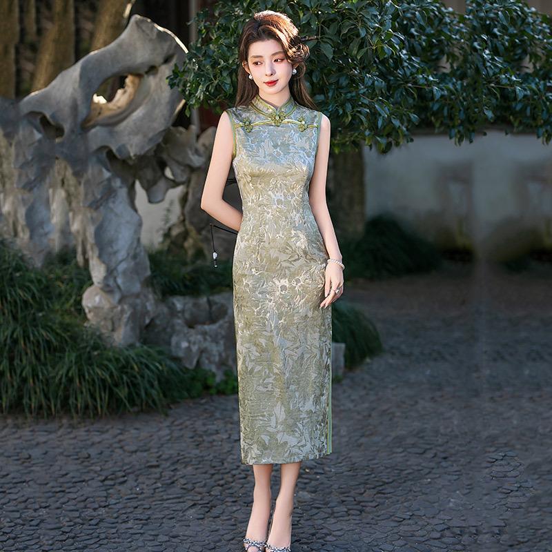 Green national style new Chinese sleeveless long improved cheongsam 1011 new femininity retro slim waist summer