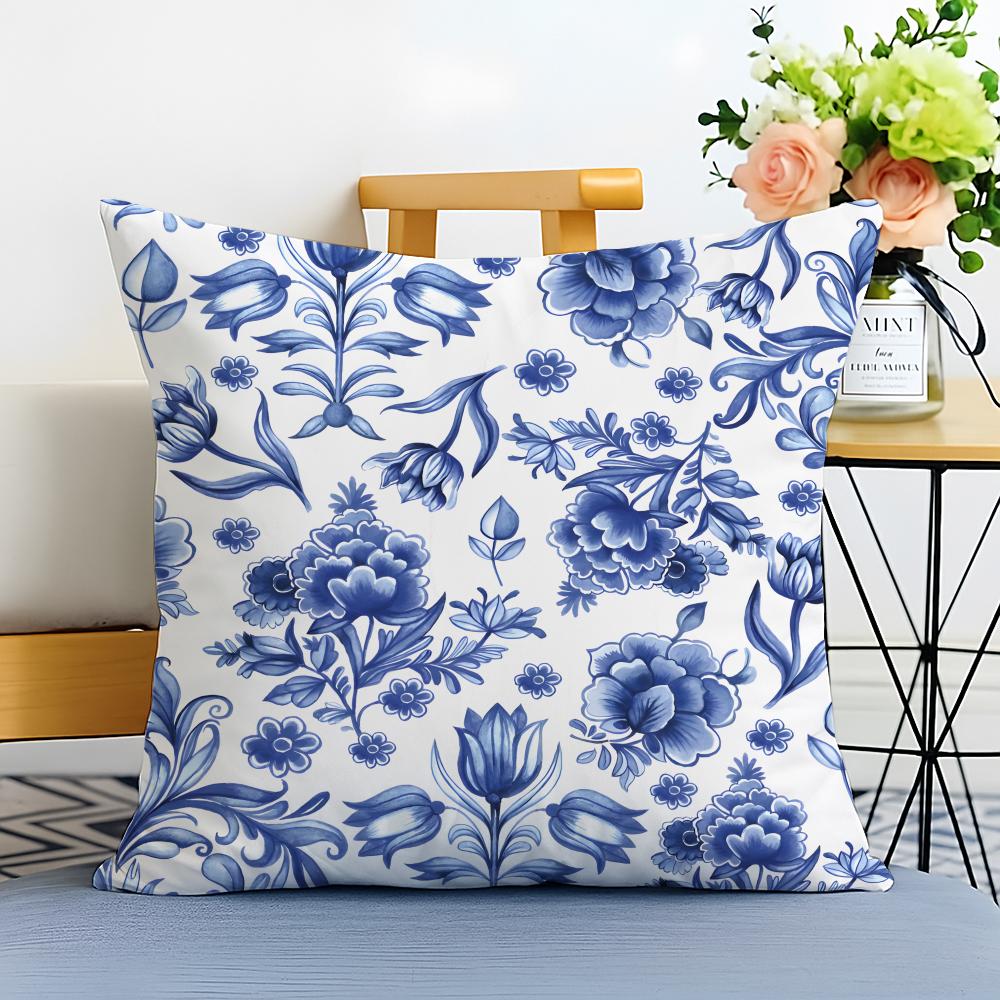 Blue and White Porcelain Cushion Cover Washable Linen Pillowcase Soft for Sofa Bed Cozy Home Room Decor