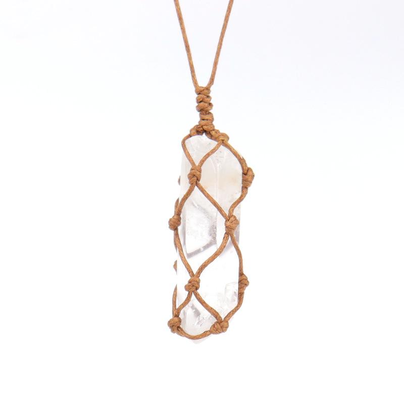 Natural Stone Crystal Column Mesh Pocket Hand-Woven Necklace Pendant, Adjustable N562