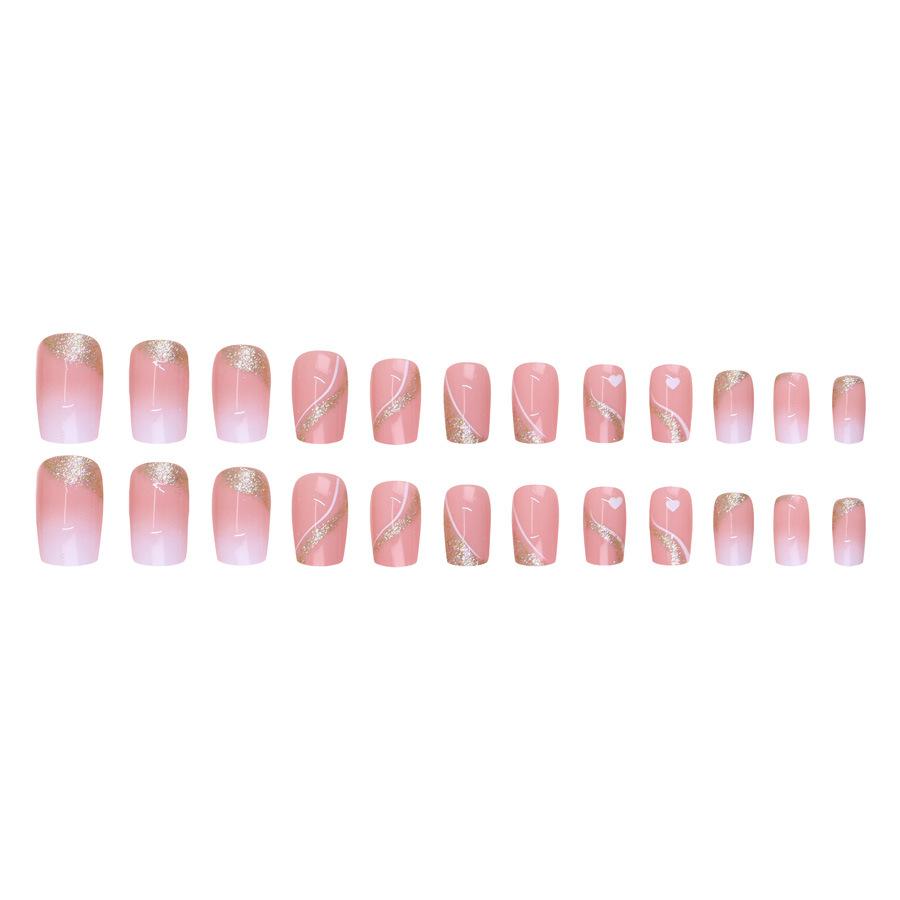 24 Pieces Pink white gradual change gold glitter simple decoration short temperament white nail art autumn and winter temperament white wear nail