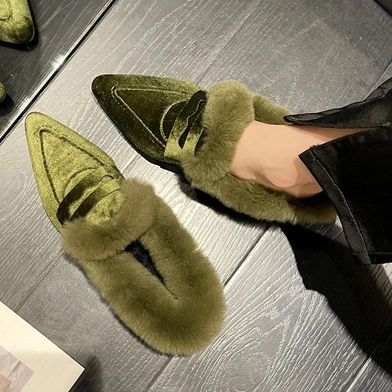 Sexy Pelz Spitzschuh Damen Slipper Schuhe Mittelhohe Absätze Stiefel 2025 Trend Chelsea Winter Warm Plüsch Veloursleder Büro Pumps Pelz Botas Mujer