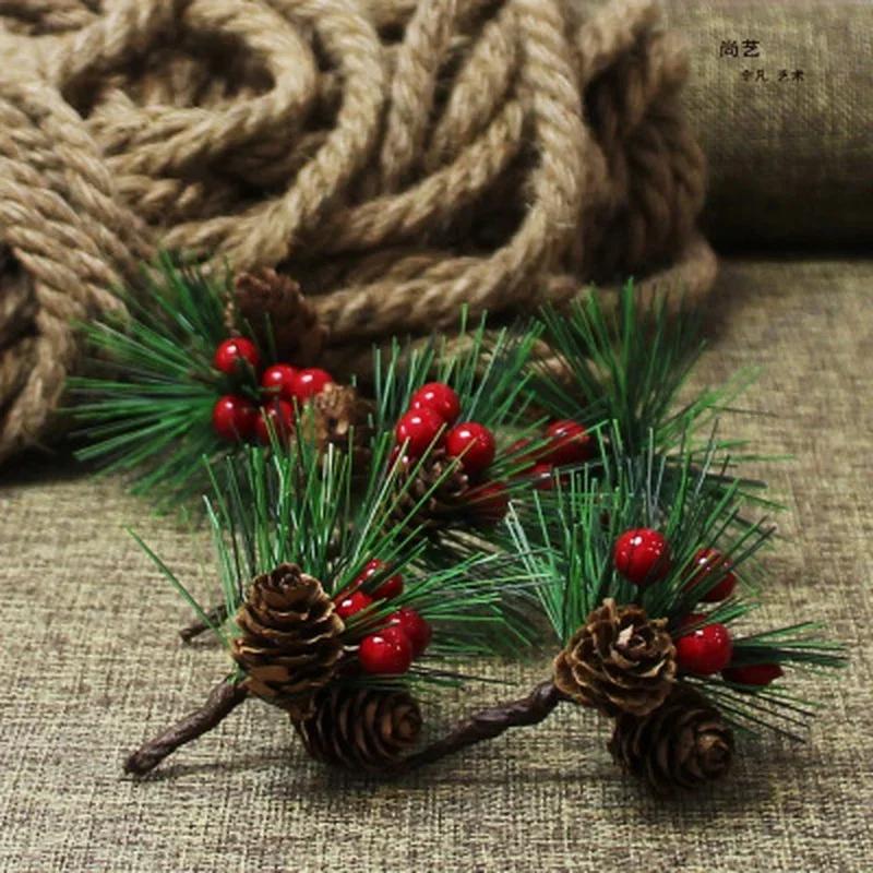 10PCS Artificial Flower Red Christmas Berry Pine Cone Holly Branches Decoration for Home Floral Decor Crafts