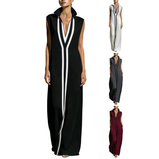 Ärmelloses Damenkleid Stehkragen V-Ausschnitt Langes Kleid Lockere Passform Polyester Elegantes Kleid mit geometrischen Mustern Bedruckt Tägliches Outfit