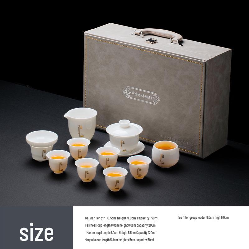 Sheep Fat Jade Porcelain Kung Fu Tea Set: Ceramic Gaiwan and Cup for Home Use - High-End Gift Box for Company Souvenir