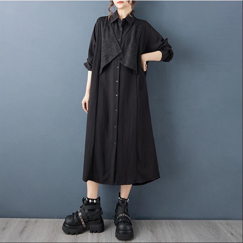 Long sleeve Plus size vintage Black new in dresses for women casual loose Spring autumn shirt dress
