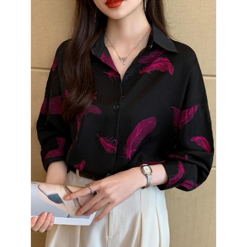 Women'S Long-Sleeve Polo Shirt with Print, New Loose-Fitting Collared Blouse for Spring And Autumn