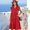 Women's V-neck, Ruffled Sleeve, Mid-length, Patchwork, Wide Skirt, Pocket Dress