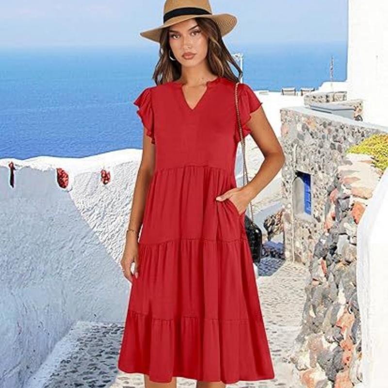 Women's V-neck, Ruffled Sleeve, Mid-length, Patchwork, Wide Skirt, Pocket Dress