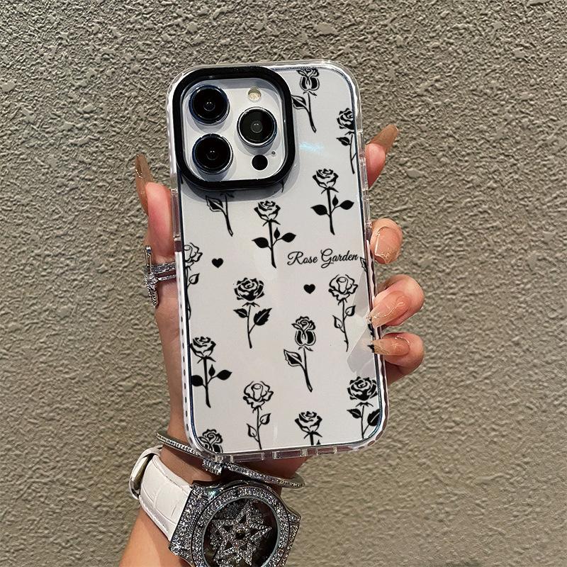 Ins wind black rose mobile phone case premium sketch flower iPhone17 promax anti-drop protective case
