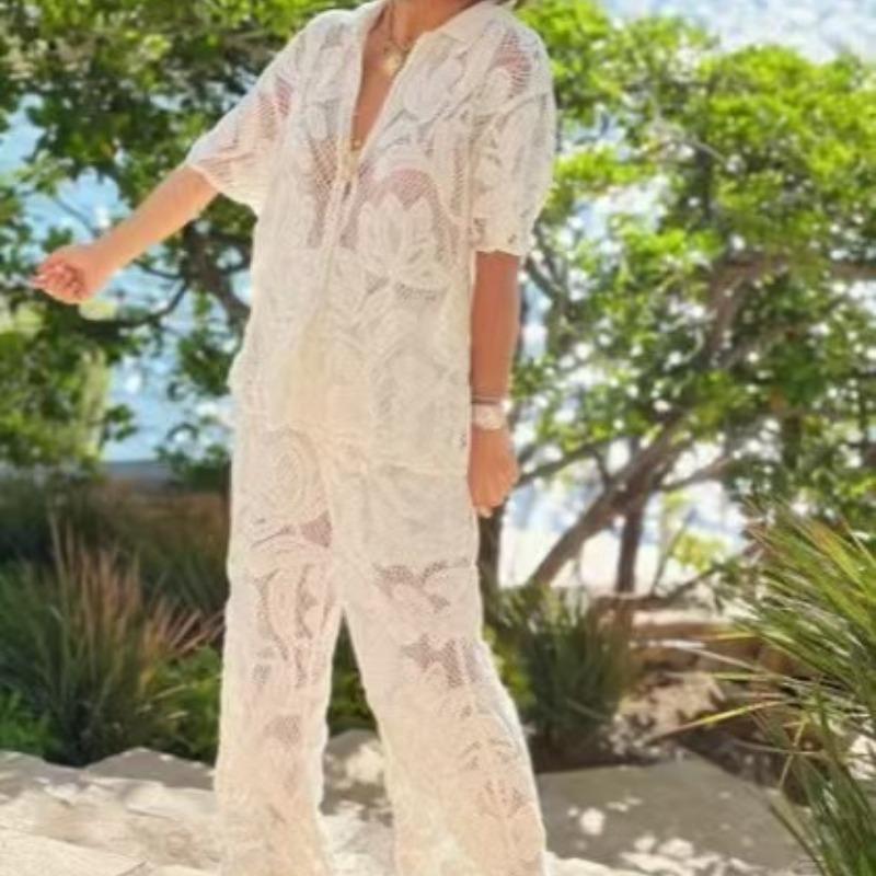 VAYLA Turn-down Collar Short Sleeves Single Breasted Hollow Out Lace Short Shirt and Full Length Pants Two Pieces Set