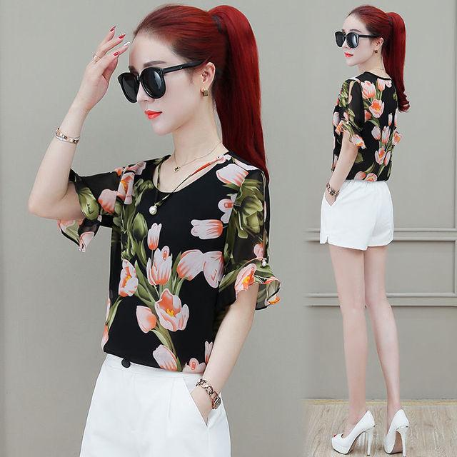 

Шифоновая рубашка с цветочным принтом, женская блузка с короткими рукавами, летняя новинка, корейский свободный модный базовый топ M-4XL 4XL розовый