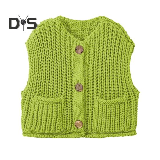 

Женский свитер-жилет с V-образным вырезом, без рукавов, на пуговицах, кардиган с карманами, однотонный, свободный крой, вязаный крючком топ L