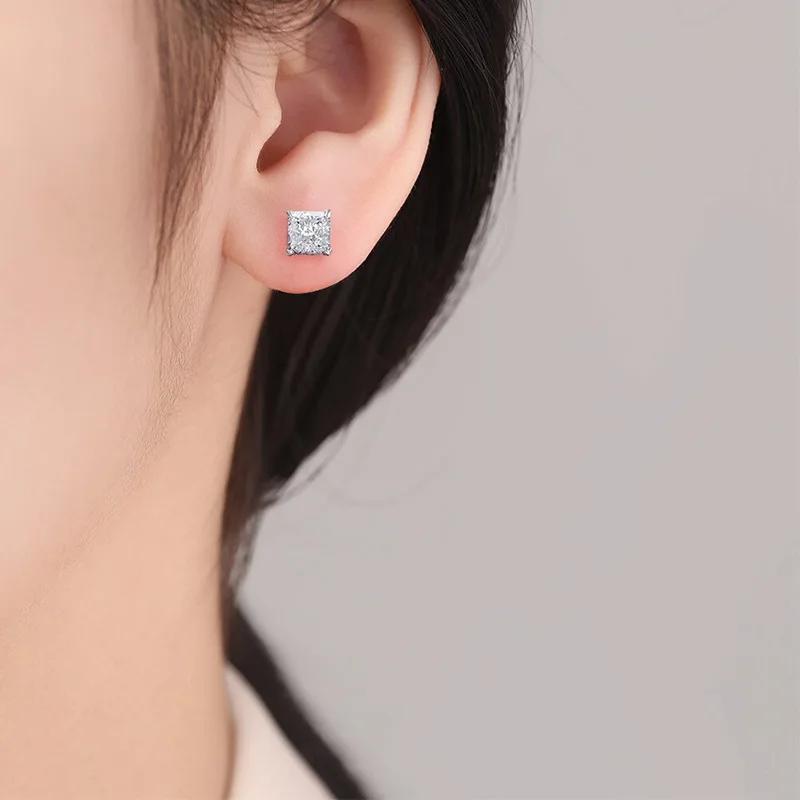 925 Sterling Silver Colored Ice Flower Cut Square Crystal Zircon Stud Earrings Birthday Party Anniversary Holiday Gift