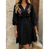 European Summer Fashion Temperament Vacation Style Embroidery Waist V Neck Long Sleeve Short Dress Women