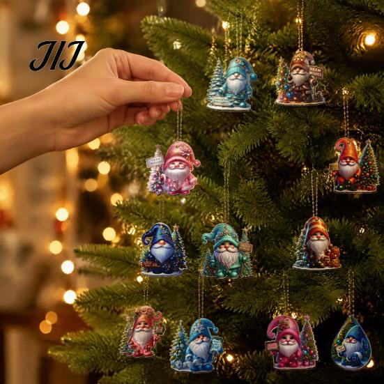 Colorful Tree Hanging Ornaments 12Pcs Christmas Gnome Ornaments, 2D Flat Pendants, Acrylic Xmas Festive Home Holiday Supplies Decorations with