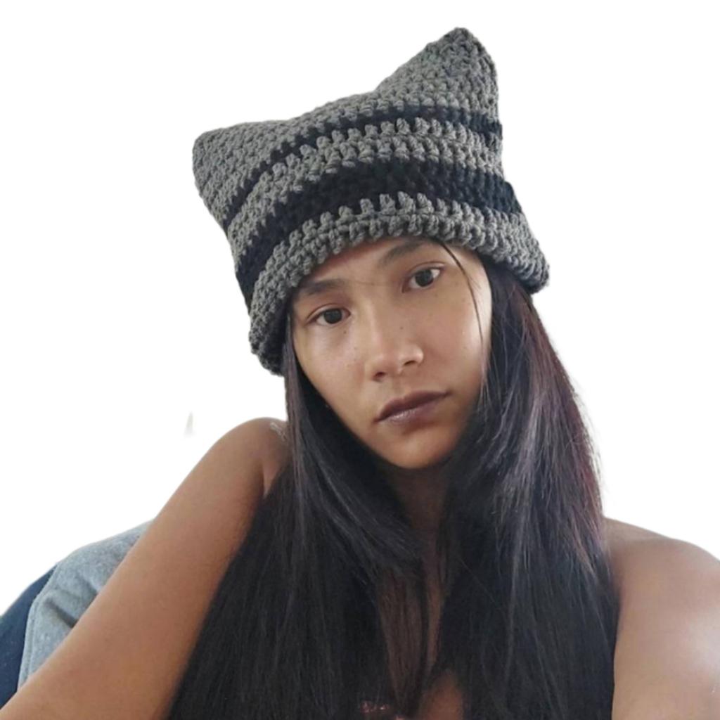 Fashion Beanie Hat for Women Girls Cat Ear Knit Hat Lovely Anime Skull Hat Y2K Moom Crochet Bonnet Hat Punk Headdress