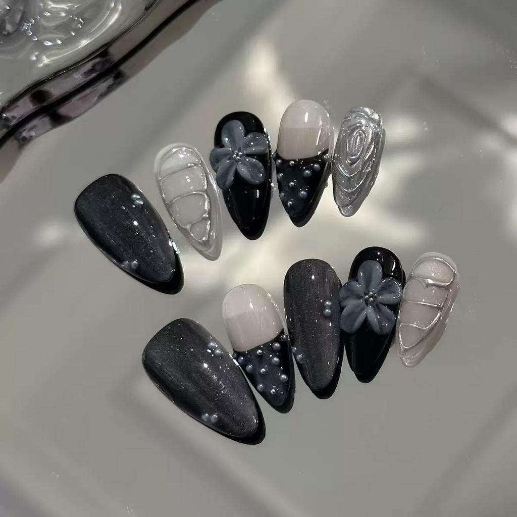 European & American High-End 3D Cat's Eye Almond Carving Press-On Nails, Pure Handmade Wearable Nail Art.