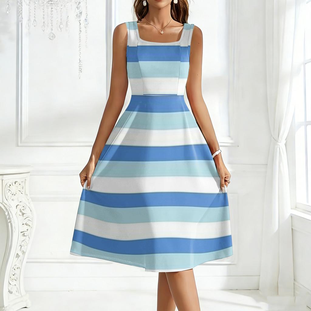Ladies' square neck striped sleeveless large swing dress
