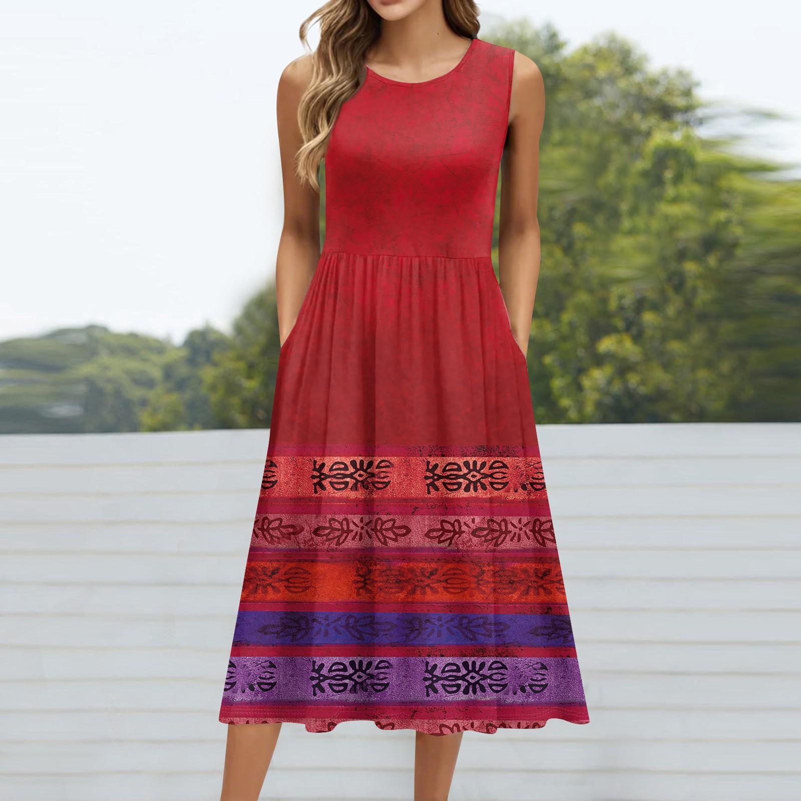 

Женское модное платье средней длины с круглым вырезом и принтом без рукавов M винный