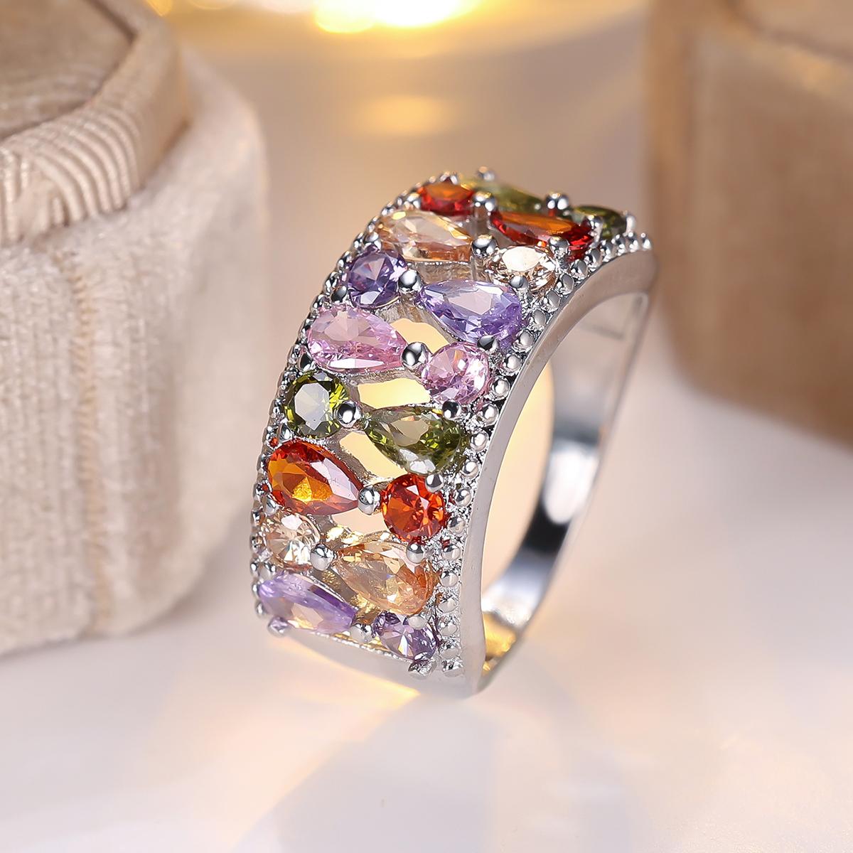 Женские Серебряного Цвета Обручальные Кольца с Радужным Цирконом, Кольца для Помолвки, Кольца Любви для Женщин 6