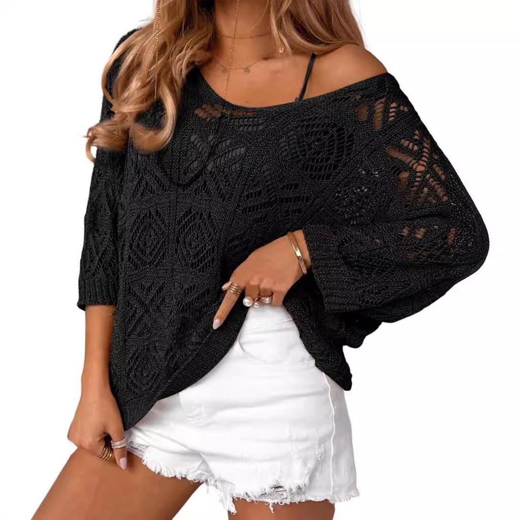 Spring/Summer 2025 Crochet Hollow Seven-Sleeve Off-the-Shoulder Pullover Sweater for Women