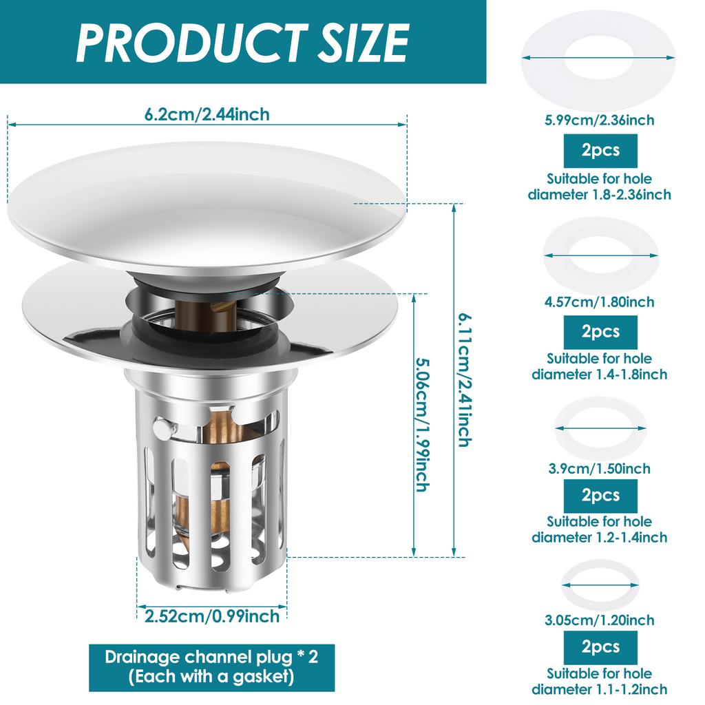 2 Pcs Bathroom Sink Stopper 3 In 1 Universal Bathroom Sink Drain Strainer with Removable Filter Basket for 0.98 To 1.4 Inches