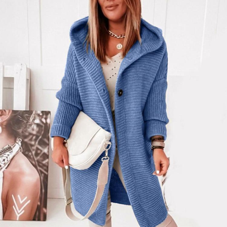 Ciepły damski długi sweter-płaszcz z kapturem, gładki, dzianinowy, gruby kardigan zimowy