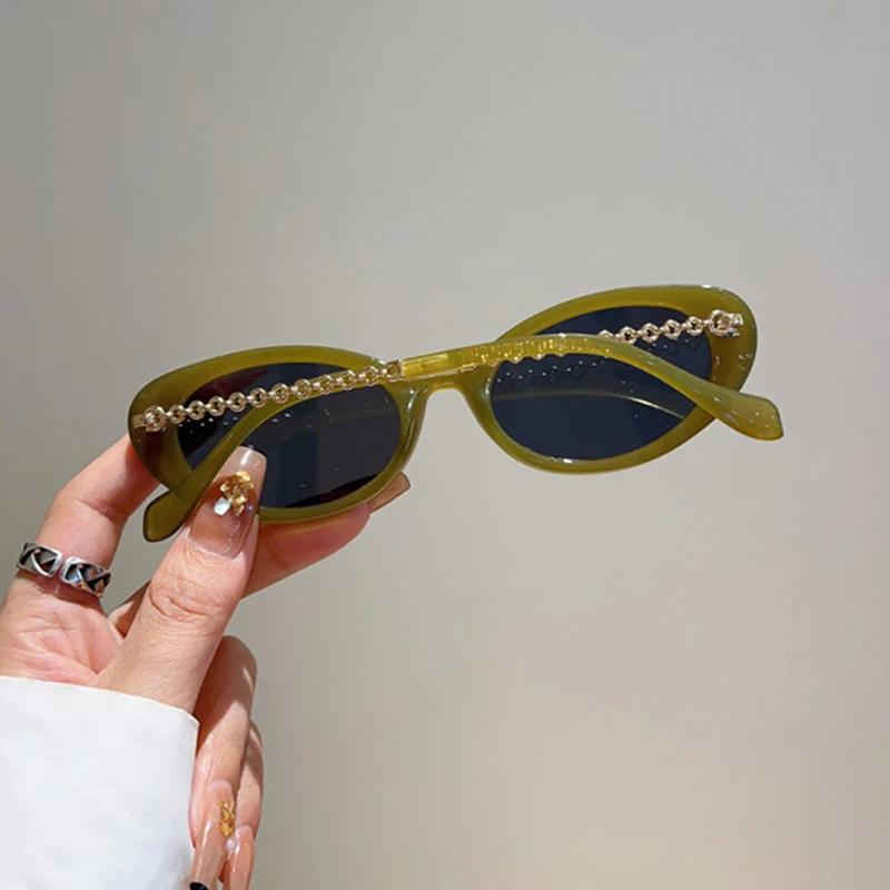 New In Luxury Brand Designer Small Frame Oval Sunglasses Women For Men Vintage Fashion Sun Glasses Punk Metal Chain Shades Uv400