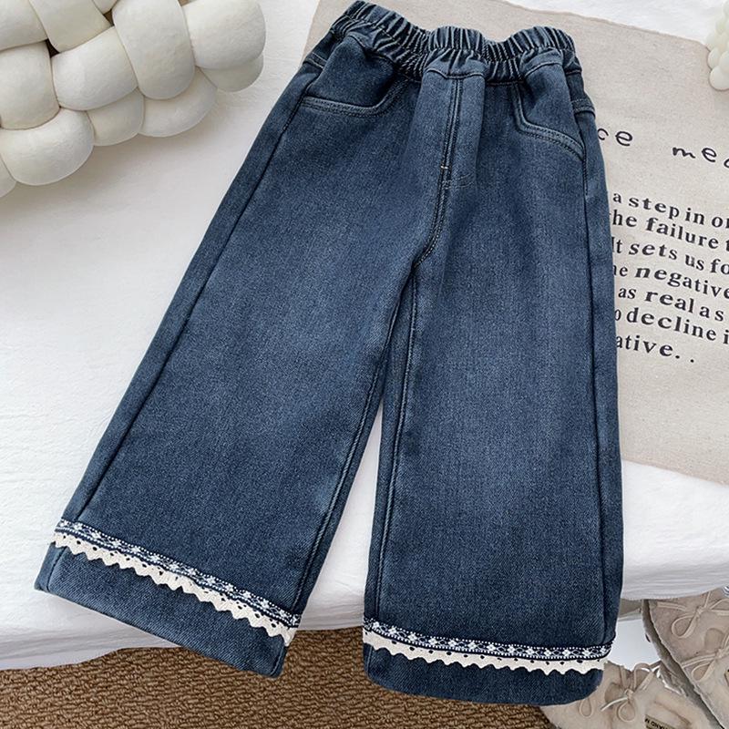 Girls  Plus Velvet Washed Denim Wide-Leg Pants - Soft, Versatile, Loose Fit, 2025 Style 90